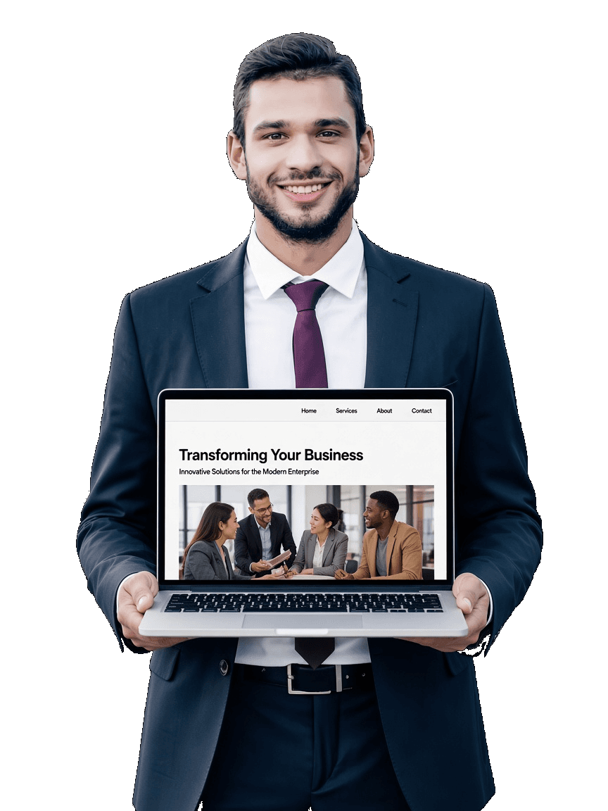 A person holding a laptop and showing a website