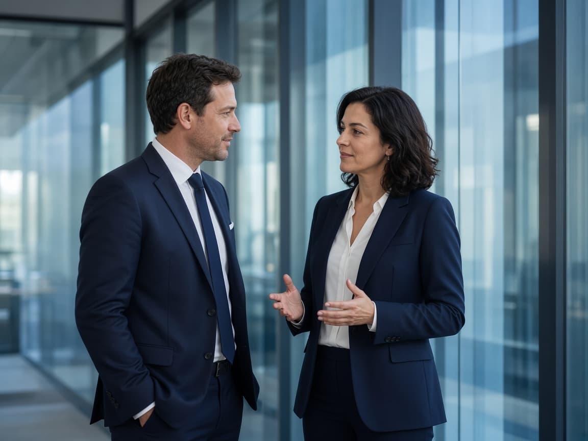 Two colleagues talking in a blue glass office